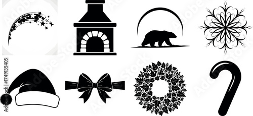 Vector art of collection of black and white christmas and winter icons
