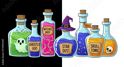 Halloween potion bottles with ghosts, worms, stars, and skull in cartoon style on black background, white background