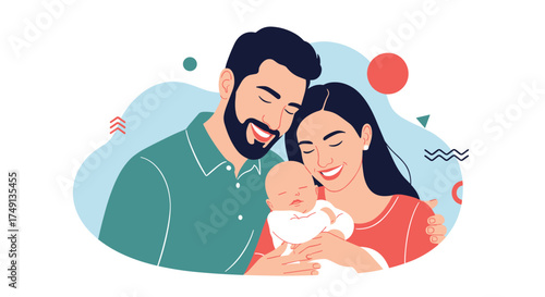 A loving family portrait captures a heartwarming moment with a newborn baby.