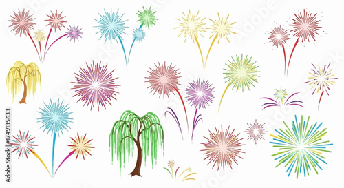 Set of colorful fireworks illustrations for summer and event materials, vector design, white background