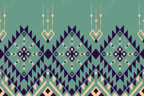 seamless geometric pattern with triangles on green background. Design for fabric, curtain, carpet, wallpaper, clothing, wrapping, Batik, vector illustration