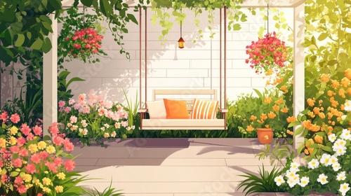 Idyllic garden patio with hanging swing, vibrant flowers, and lush greenery.