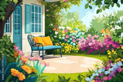 Idyllic garden scene with bench, flowers, and house.