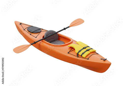 Bright orange kayak with paddle and yellow life vest isolated on transparent background