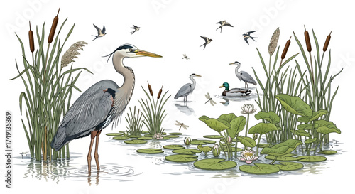 Ecological Illustration of Wetlands with Birds, Plants, and a Heron, white background