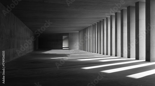 打ちっぱなしのコンクリートの柱と壁が連続する空間を、モノクロ調で捉えた建築写真。強い光が斜めから差し込み、床にドラマチックな影のストライプを作り出しており、ミニマルで静謐な雰囲気。