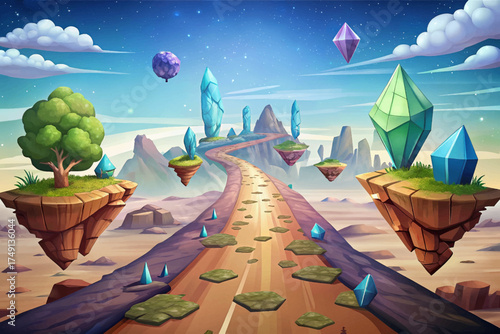Crystal road through floating islands in the sky, magical fantasy world full of mystery and wonder