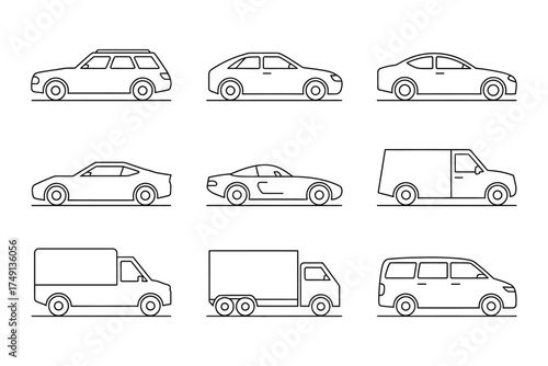 Diverse vehicle line art collection vector illustration scalable eps icon set silhouette