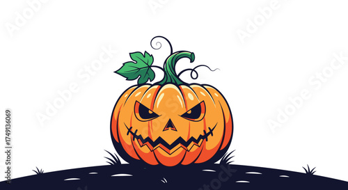 A spooky jack o lantern glows eerily on a dark night during the Halloween season.