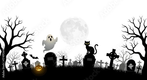 Spooky Halloween night illustration with a full moon over a graveyard, white background