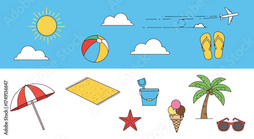 Summer vector illustration set with beach and vacation themed elements on blue background, white background