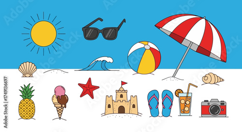 Summer vector illustration set with beach and vacation themed elements on blue background, white background