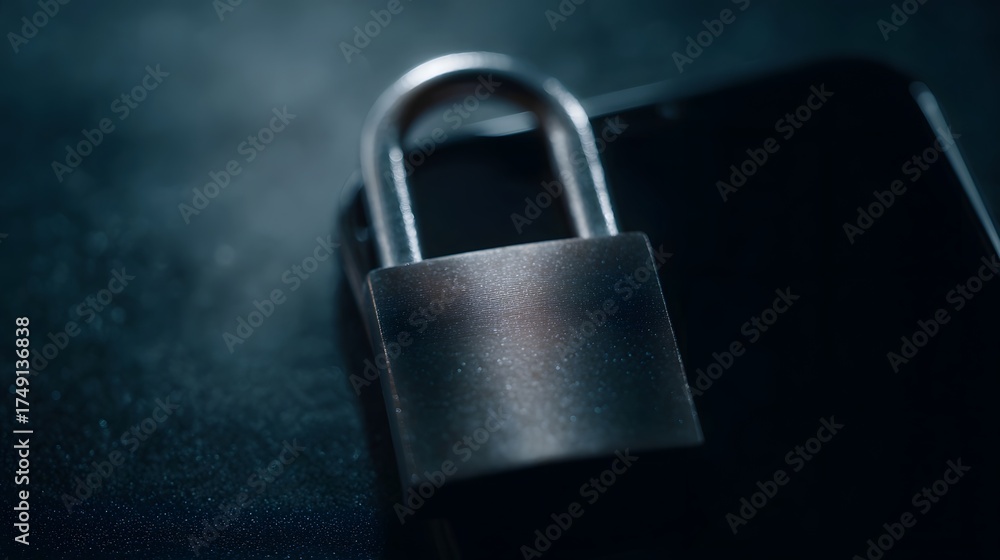 Fototapeta premium Close up of a metallic padlock secured over a dark smartphone representing digital security privacy and access control