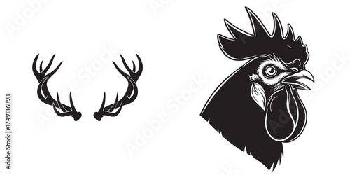 Black and White Stylized Rooster Head and Antlers Silhouette