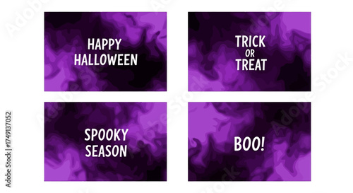Set of four purple Halloween backgrounds with smoky gradient textures and holiday greetings, white background