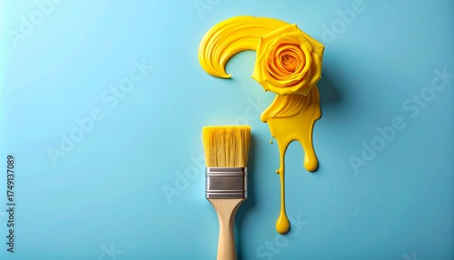 Artistic Inquiry: Yellow Rose, Dripping Yellow Paint Swirl, and Paintbrush on Serene Blue Background