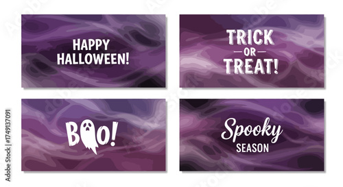 Set of four purple Halloween backgrounds with smoky gradient textures and holiday greetings, white background