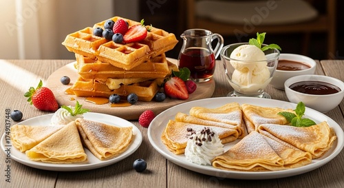 Delicious breakfast spread featuring waffles, crepes, ice cream, and various toppings.