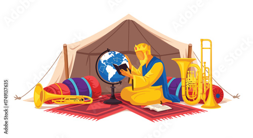 Ancient Scholar Studies Globe Surrounded by Musical Instruments Underneath a Tent