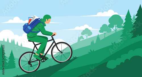 Adventurous Cyclist Climbs Steep Green Hillside Amidst Lush Forest Scenery