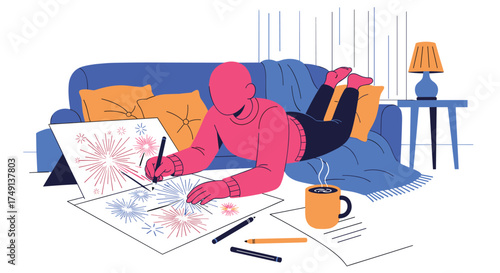 Creative Person Drawing and Planning on Floor with Coffee