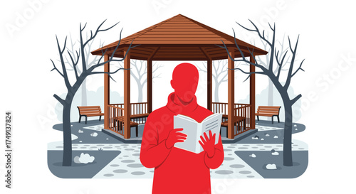 Person Reading a Book Under a Gazebo in a Winter Park Setting