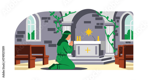 A solemn prayer within the hallowed walls of a peaceful sacred church