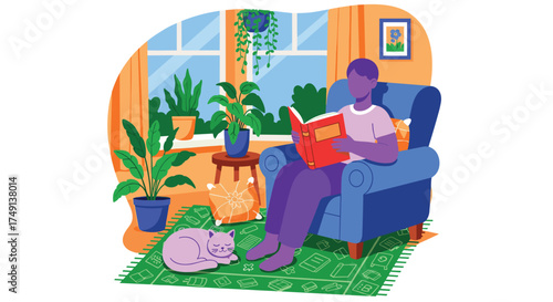 Cozy person reading a book in a comfortable armchair surrounded by plants and a sleeping cat a perfect afternoon pastime