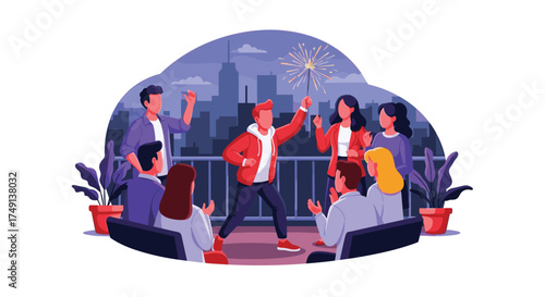 Friends Celebrating New Year Eve with Fireworks on Rooftop Party