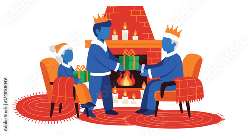 Three Kings Bringing Gifts By A Warm Fireplace During A Winter Celebration