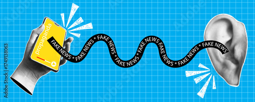 Trendy halftone banner with hand holding smartphone playing fake news in ear. Gossip, propaganda and fake news concept. False information spreading. Contemporary collage for design template. Vector