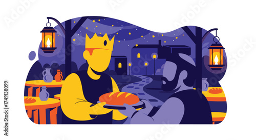 A King Shares Bread with His People Under the Starlit Sky