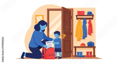 Mother Helps Her Child Prepare Backpack for School Day Activity