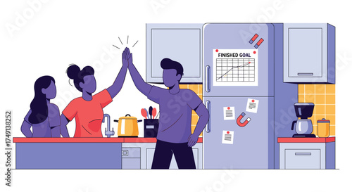 Family Members Celebrating Success in the Kitchen with High Five