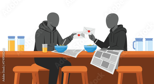 Two hooded figures exchange envelopes at a bar counter