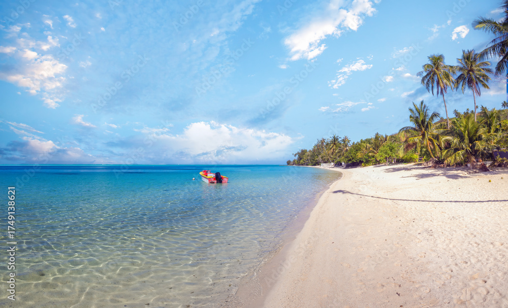 Naklejka premium The magnificent white sand and turquoise waters of the Matira public beach on the island of Bora Bora, French Polynesia, South Pacific Ocean