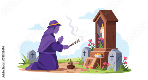 Person Offers Incense at an Ancestral Shrine with Graves and Flowers