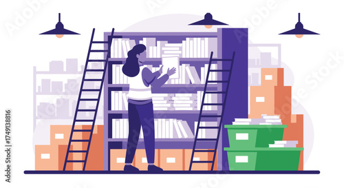 A Person Organizes Books on a Tall Shelf in a Storage Room with Boxes and Ladders
