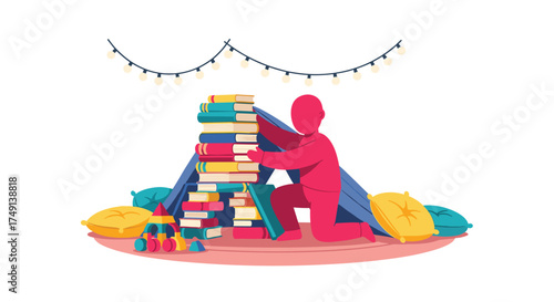 Childhood Imagination Building Forts with Books and Pillows for Playtime Adventures