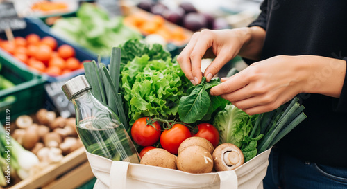 Hands filling a reusable shopping bag with fresh, vibrant organic vegetables and produce, emphasizing healthy eating, sustainable living, and mindful shopping at a market