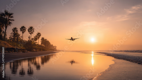 Airplane flying over a tropical beach at sunset, perfect for a winter escape.