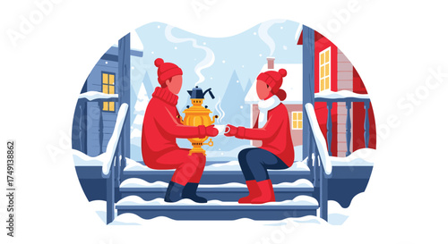 Two people sharing hot tea from a samovar on a snowy day