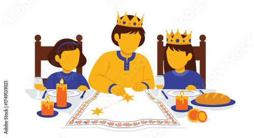 Family enjoying a celebratory meal wearing crowns and eating bread with candles lit