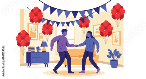 Young Couple Dancing Together at Home Celebrating a Special Occasion Surrounded by Balloons and Banners