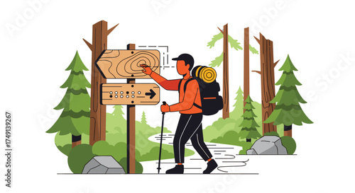 Adventurous hiker choosing path at a forest trail crossroads during a sunny day