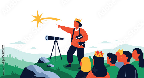 Wise Leader Guides Followers Toward a Guiding Star with Telescope