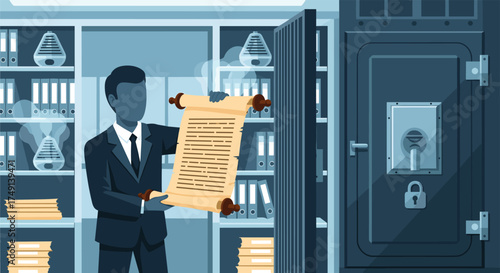 Man in Suit Presents Ancient Document with Historical Significance in Secure Vault