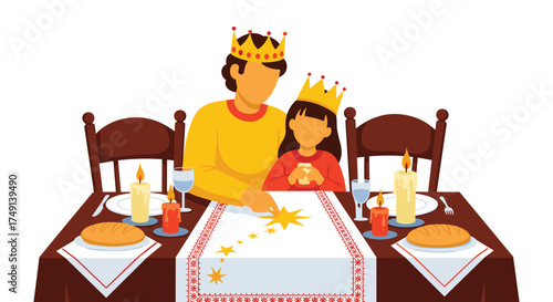 Family Celebrates Together Wearing Royal Crowns During Festive Dinner