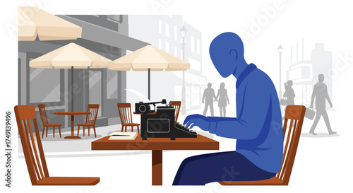 A Writer Sits at a Cafe Table Typing on a Vintage Typewriter