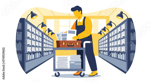 Archivist Organizing Documents in a Library Storage Room Full of Shelves and Files